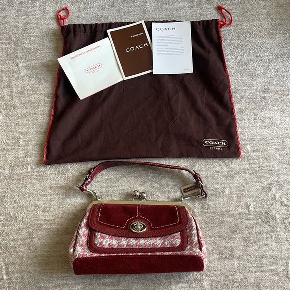 Rare Coach Vintage Wool Houndstooth Pink Burgundy Gallery Frame Satchel Bag - Picture 2 of 10